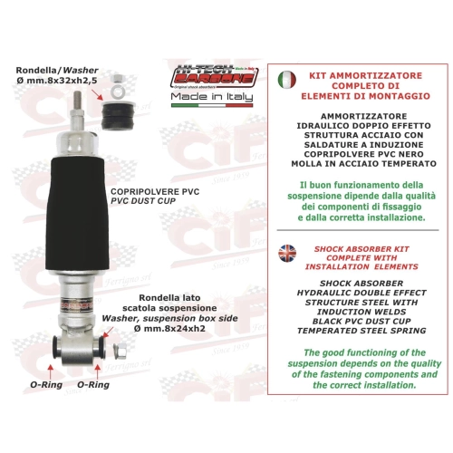 Kit d'amortisseurs avant noirs avec rondelles et joints toriques pour VESPA 125 ET3, adaptable aux VESPA 50, 90, 125, NLR, SPECIAL, PRIMAVERA ET3, ELESTART, PK, S, SUPER, SPRINT et PLURIMATIC.
