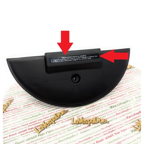 Schutzplatte für Reserveradabdeckung für VESPA PX PE COSA 1 und 2, PVC-Basis, schwarz-weiße Beschriftung, Demontageanleitung