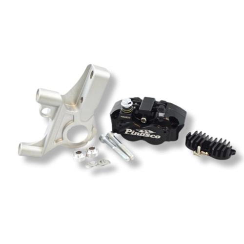 PINASCO 26280110 front braking system with 4-piston radial caliper, black caliper color, gray support for VESPA PX 125 150 200 PE COSA ETS 50 PK HP XL LML STAR