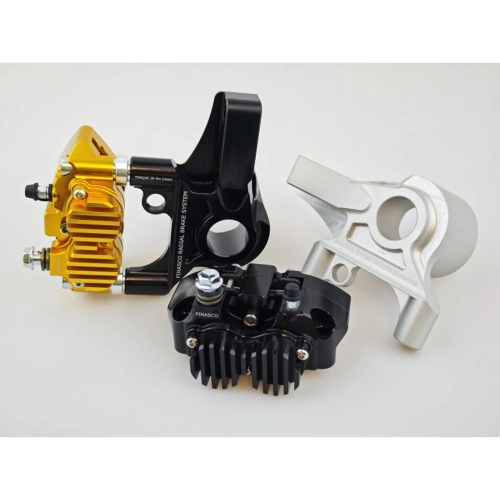 PINASCO 26280110 front braking system with 4-piston radial caliper, black caliper color, gray support for VESPA PX 125 150 200 PE COSA ETS 50 PK HP XL LML STAR