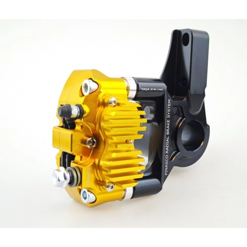 PINASCO 26280111 front braking system with 4-piston radial caliper, gold caliper color, black support for VESPA PX 125 150 200 PE COSA ETS 50 PK HP XL LML STAR