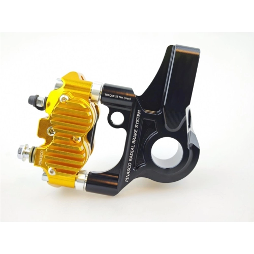 PINASCO 26280111 front braking system with 4-piston radial caliper, gold caliper color, black support for VESPA PX 125 150 200 PE COSA ETS 50 PK HP XL LML STAR