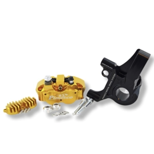 PINASCO 26280111 front braking system with 4-piston radial caliper, gold caliper color, black support for VESPA PX 125 150 200 PE COSA ETS 50 PK HP XL LML STAR