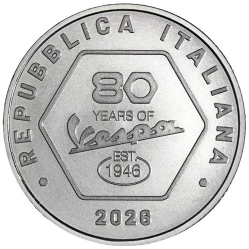 Pièce de 5 euros en argent 925, commémorant le 80e anniversaire de la Vespa (série limitée à 5 000 exemplaires). Pièce de collection en argent, avec l'inscription « VESPA 98 de 1946 » et « VESPA PRIMAVERA FOREVER ICONIC ». V.de Soie