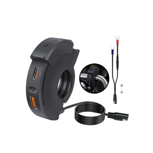 Chargeur de guidon universel 12/24 V avec double port USB et USB-C (20 à 23 mm) et capuchon de protection. Compatible Vespa, Ape, Lambretta, PD 30 W et QC 18 W. Convient également aux voitures, motos, scooters, bateaux et camions.