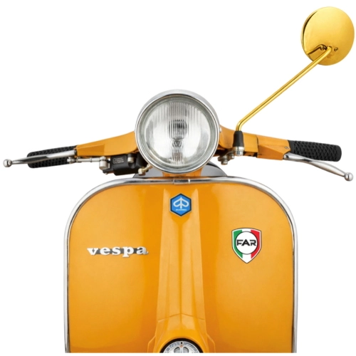 Rétroviseur extérieur gauche FAR doré des années 60/70 pour Vespa 50, 125, 150, 180 et 200, complet avec son support.